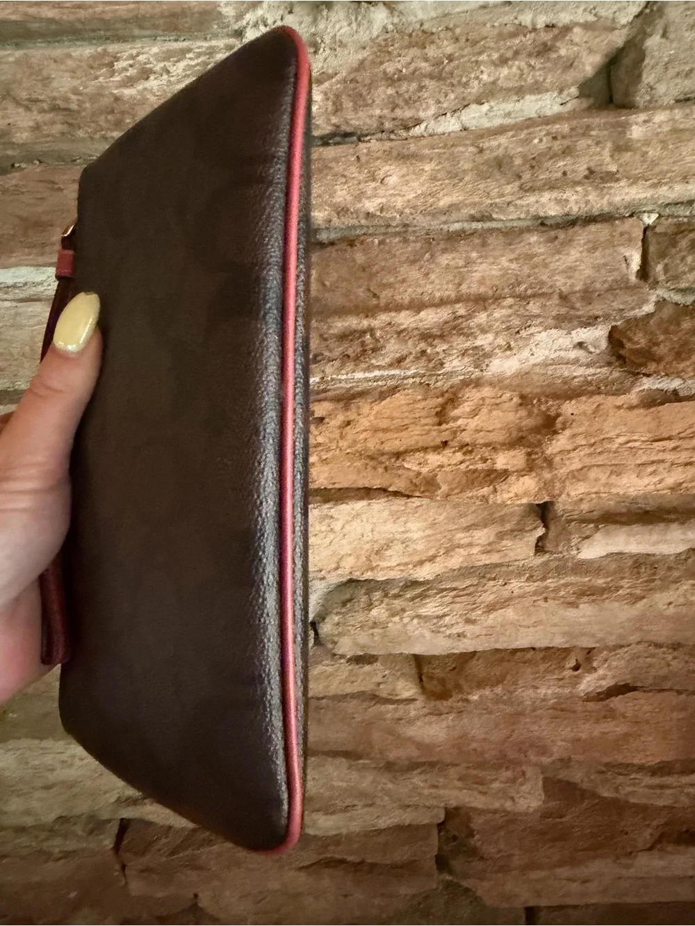 Coach Brown Larger Signature Wristlet Clutch Wallet Phone Bag with Burgundy Trim